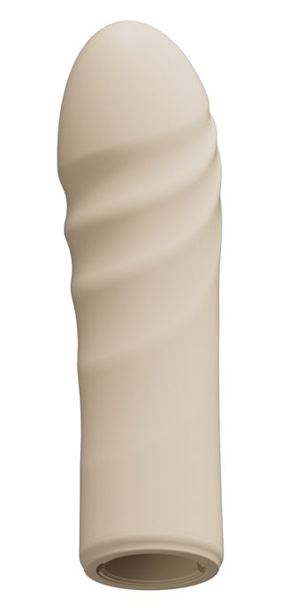 Beige silikonhylsa med spiralformade spår och rundad spets, upprättstående mot vit bakgrund.