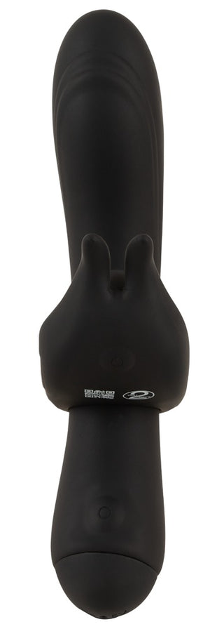 Svart silikonvibrator med kaninörondesign, med en elegant, böjd form för dubbel stimulering.