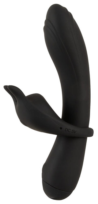 Svart parvibrator i silikon med böjt skaft och yttre stimulator.