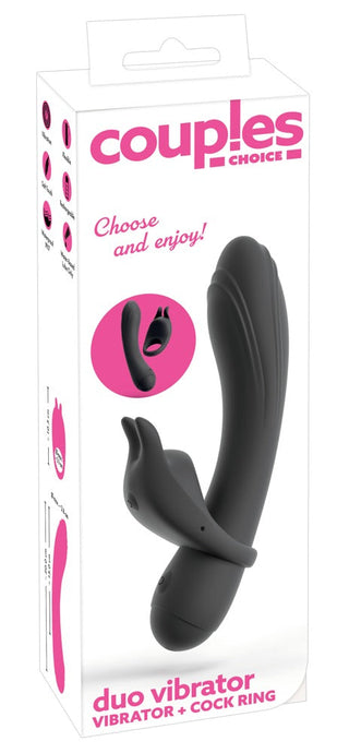 Rosa silikonvibrator set med en böjd parvibrator och en vibrerande penisring, båda med slät, modern design.