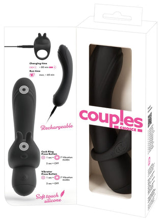 Uppladdningsbar svart silikonvibrator med kanindesign.