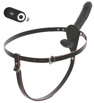 Svart strap-on i silikon med dubbla remmar och fjärrkontroll, med slät yta och justerbara remmar.