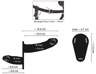 Svart strap-on i silikon med dubbla remmar, justerbar höftrem och fästen, utformad för handsfree-användning med vibration.