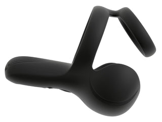 Svart silikonvibrator för perineum med två ringar och ett strukturerat handtag.
