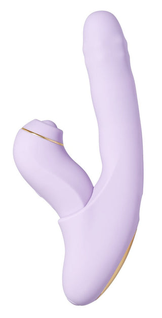 Svakom DuoGlow 2-i-1 Vibrator är en lavendel, tvåändad silikonkaninvibrator med guldaccenter, utformad för både intern och extern stimulering.