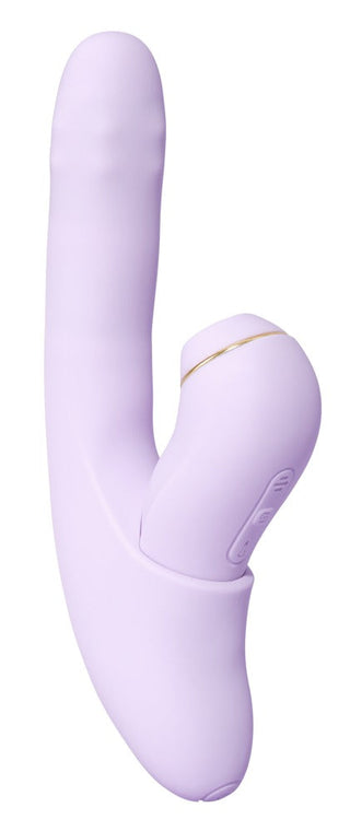 Svakom DuoGlow 2-i-1 Vibrator är en lavendel silikon rabbit vibrator med en böjd, ergonomisk design, stötfunktion och lättanvända kontrollknappar.