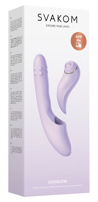 Lila Svakom DuoGlow 2-i-1 vibrator med app-anslutning som visas på produktförpackningen.