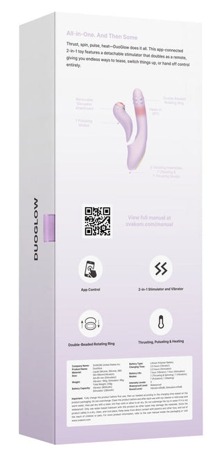 En vit och lila låda för Svakom DuoGlow 2-i-1 appstyrd vibrator, med produktinformation och en bild av produkten.