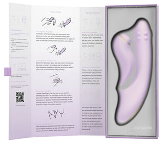 Svakom DuoGlow 2-i-1 Vibrator i en öppen låda med instruktioner och illustrationer tryckta på insidan av fliken.