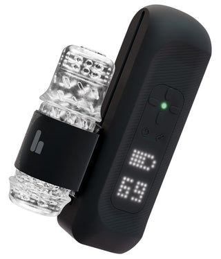 En svart och genomskinlig Handy 2-onanihjälp för män med digital display och kontrollknappar på framsidan.