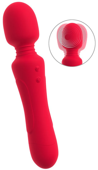 Röd stavvibrator med massagehuvud, ström- och lägesknappar, mjukt material och kompakt design.