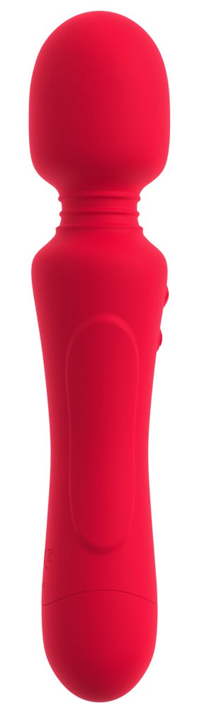 Röd ergonomisk stavvibrator med ett rundat massagehuvud, tillverkad i ett mjukt material, avbildad mot en vit bakgrund.