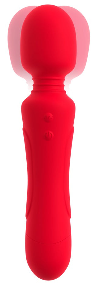 Röd väggvibrator i plast med två knappar och en rundad, mjuk massagehuvud, sedd uppifrån.