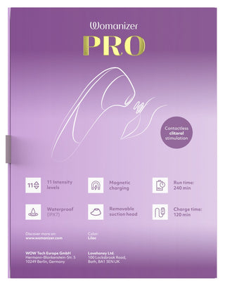 Lila Womanizer Pro Klitorisstimulator med slät yta, med kontrollknappar och USB-laddningsport.