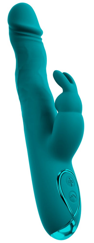 En turkos silikonvibrator i kaninform med dubbel stimulering, strukturerad skaft, kontrollknappar och vattentät konstruktion.