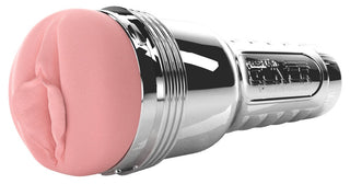 Silverfärgad handhållen masturbator med en mjuk rosa läppöppning, utformad för vibrationer och värmande sensationer.