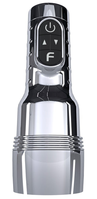 Silverfärgad masturbator med svarta reglage, cylindrisk design och integrerat handtag med vibrations- och uppvärmningsfunktioner.