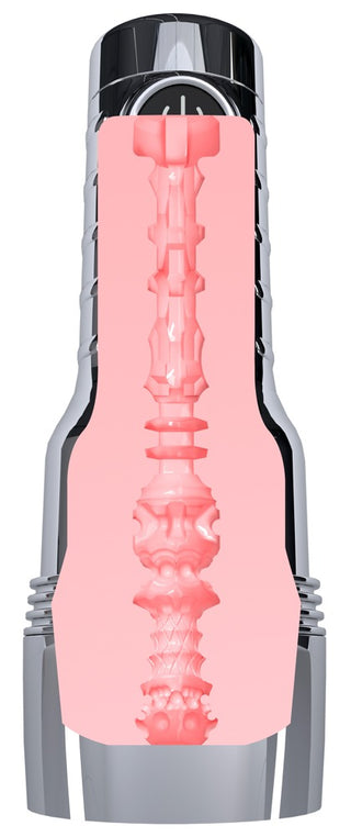 Fleshlight Quiver Masturbator, rosa insida, strukturerad med räfflor, tillverkad av Superskin-material. Tvärsnittsvy visas.