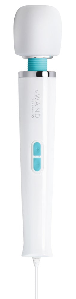 Vit Le Wand Classique Plug-In massagestav med stort massagehuvud och blå kontrollknappar, slät plastdesign.