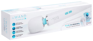 Vit Le Wand Classique Plug-In Massagestav med stort rundat massagehuvud, visas i vit förpackning.