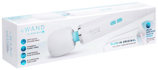 Vit Le Wand Classique Plug-In Massagestav med stort rundat massagehuvud, visas i vit förpackning.