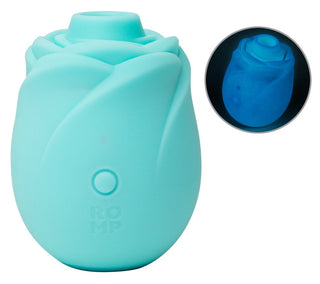 ROMP Rose Glow klitorisstimulator i blå silikon med en slät, konturerad design och en självlysande funktion.