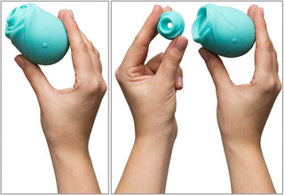 Teal ROMP Rose Glow Klitorisstimulator med en slät, ergonomisk design mot en vit bakgrund.
