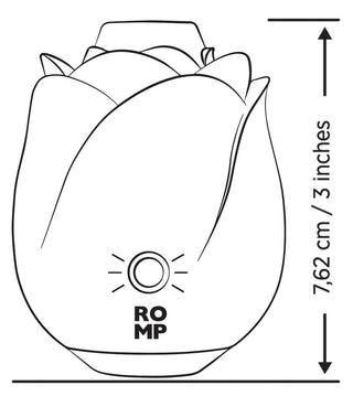 Illustration av en ROMP Rose Glow klitorisstimulator i rosa silikon med en knapp, 7,62 cm lång, slät konturerad design.