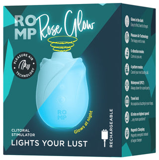 Blå ROMP Rose Glow klitorisstimulator, slätt plastmaterial, kompakt design med minimal text på förpackningen.