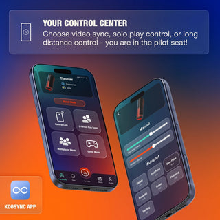 Två smartphones visar Koosync-kontroller för den svarta silikonbaserade Arcwave Thruster-enheten med rotations- och autopilotfunktioner.