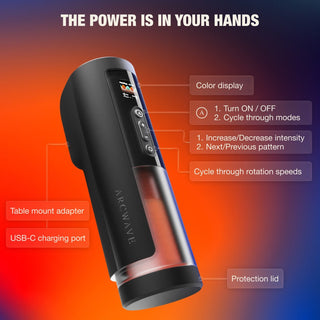 Masturbator av modellen Black Arcwave Thruster med display, kontrollknappar, märkt anslutning och lock i silikon.