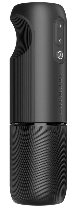 Arcwave Orbit-masturbator, svart silikon, strukturerat grepp, kompakt trådlös design med reglage på ovansidan.
