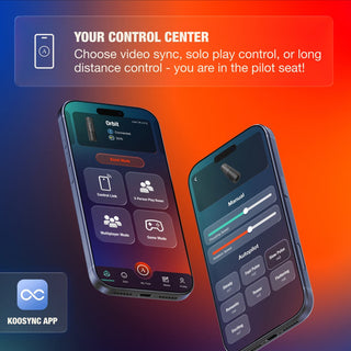 Arcwave Orbit Masturbator med 360°-rotation visas på två smartphones med appen Koosync, mot en bakgrund med färgövergång.