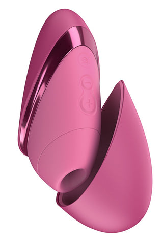 Rosa massager av silikon och metall med lufttryck och en böjd, ergonomisk design.