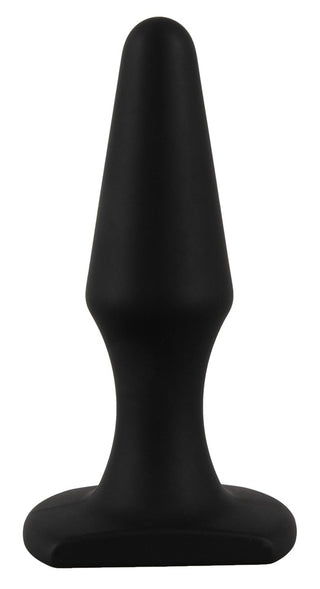 Magic Shiver Buttplug, en svart analplugg i silikon med avsmalnande topp och bred bas—perfekt för nybörjare—visas mot vit bakgrund.