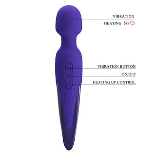 PrettyLove Anthony Wand är en lila massageapparat med märkta knappar för vibrationslägen, på/av och en värmefunktion som värmer upp till 48°C.