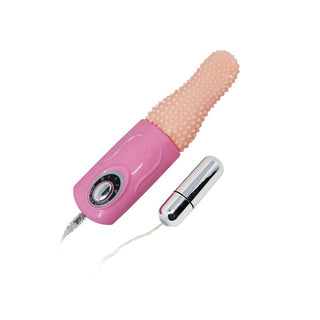 Rosa och beige texturerad vibrator med kontrollenhet och kultillsats, tillverkad av slätt material.