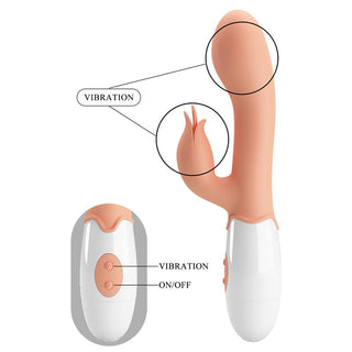 Rosa rabbitvibrator i silikon med dubbla motorer, två kontrollknappar och en konturerad design för inre och yttre stimulering.