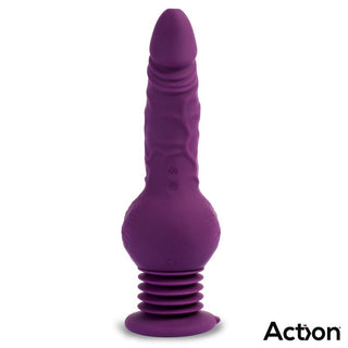 Lila silikonvibrator med realistisk form, räfflad bas och sugkopp, avbildad mot en vit bakgrund.