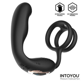 Svart prostatamassager i silikon med en böjd stimulator och två sammankopplade ringar.