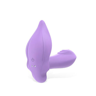 Engily Ross Donnyel Trosvibrator är en premium lila silikon bärbar enhet, designad i en lövliknande form för G-punktstimulans. Den har en strömknapp och har böjd elegans på en vit bakgrund.