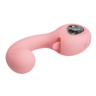 Rosa dubbelvibrator i silikon med böjd design, metallisk accent och handtagsknappar.