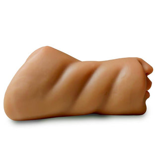 Brown TPE LikeTrue Jess-masturbator med tre hål, avbildad mot en vit bakgrund.