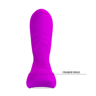 Tvåarmad vibrator i lila silikon med laddningsport nära basen, mot en vit bakgrund.