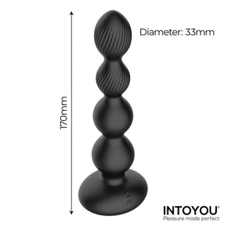 Svart analplugg i silikon med 360°-rotation, utvidgad bas, cirka 170 mm hög och 33 mm bred, avbildad mot vit bakgrund.