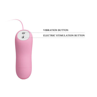 E-Stim Bröstklämmor Med Vibration är en rosa handhållen enhet med knappar för vibration och elektrisk stimulering, ansluten med en tråd.