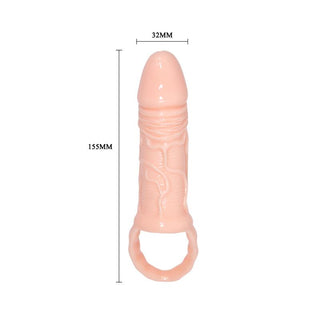 PrettyLove Penissleeve 16 cm, en silikon penisförlängare med testikelring och strukturerad yta på 16 cm längd och 3,2 cm bredd, visas mot vit bakgrund.