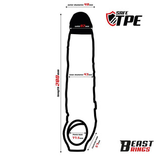 Genomskinlig TPE-penishylsa, 28 cm lång, räfflad design, avbildad i kontur med Beast Rings- och Safe TPE-logotyper.