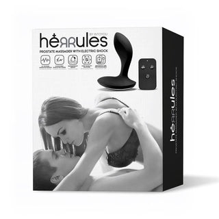 Herrules Prostatamassager Electrostim i svart silikon med ergonomisk design, avbildad på förpackningen.