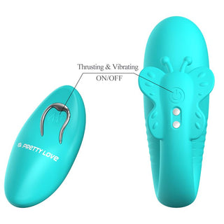Fjärilsformad vibrator i tealfärgad silikon med fjärrkontroll med knappar för ON/OFF, thrust och vibrera.